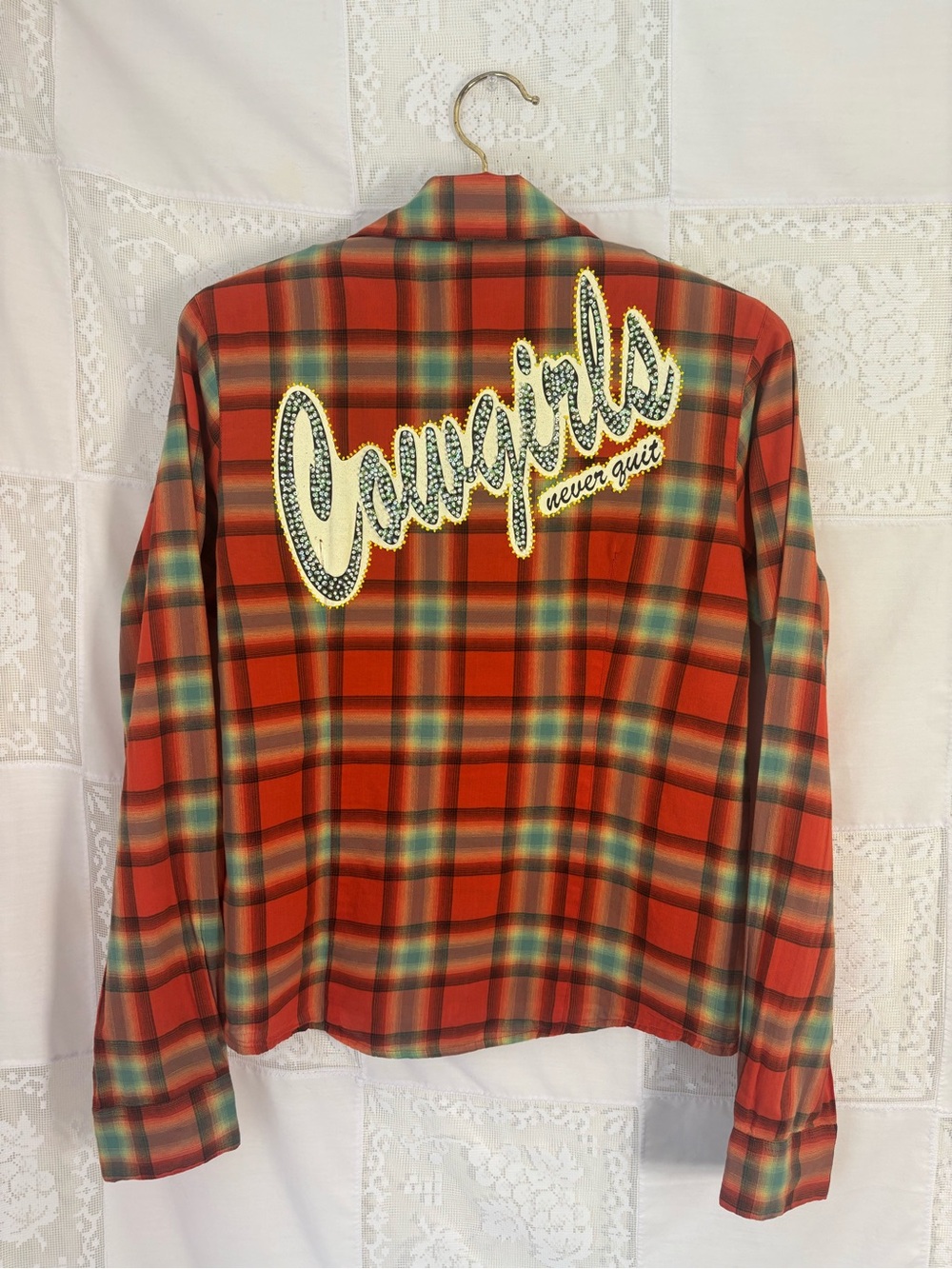 Orange Plaid Beaded Embellished Cowgirl Western Pearl Snap Button Up Size S - Picture 10 of 14
